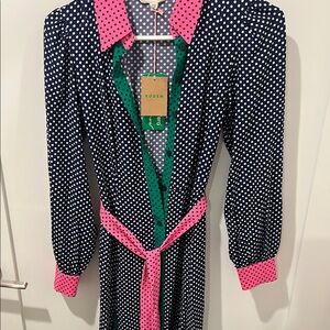 Boden Navy and Pink Polka Dot Midi Dress